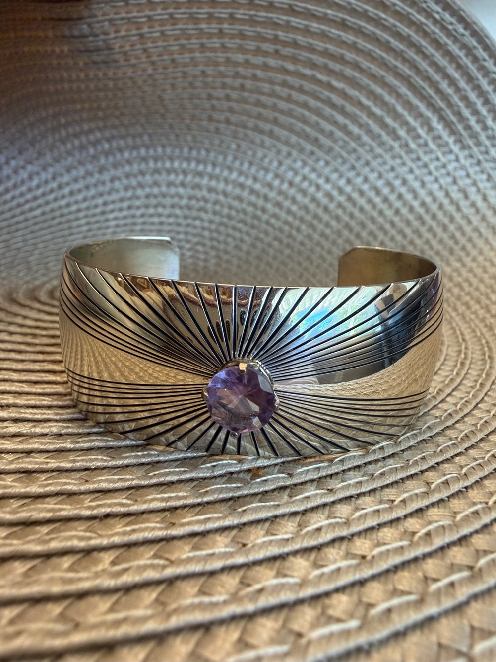 Sterling Silver Cuff Bracelet with Amethyst Center